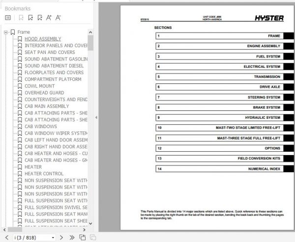Hyster Forklift Truck J006 H135FT H155FT Parts Manual 1698731 2