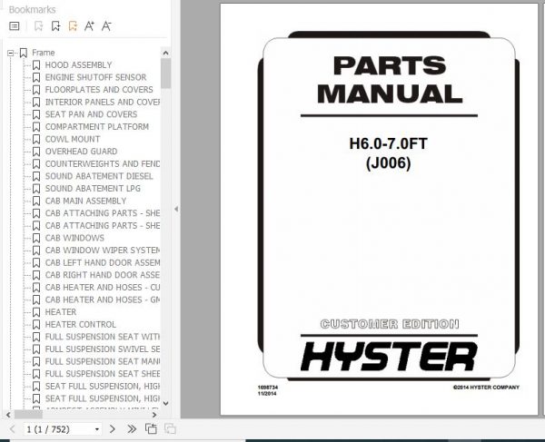 Hyster Forklift Truck J006 H6.0 7.0FT Europe Parts Manual 1698734 1