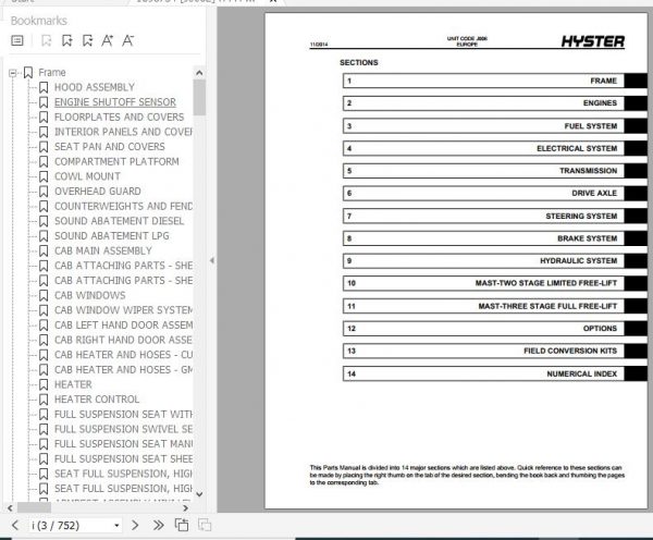 Hyster Forklift Truck J006 H6.0 7.0FT Europe Parts Manual 1698734 2