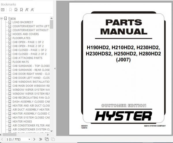 Hyster Forklift Truck J007 H190HD2 H210HD2 H230HD2 H230HDS2 H250HD2 H280HD2 Parts Manual 4034341 1