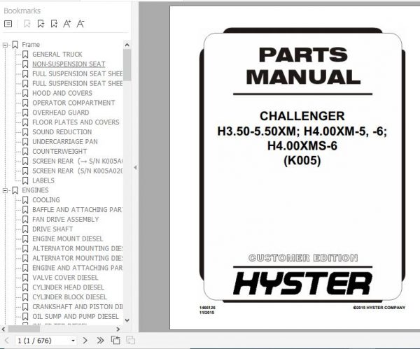 Hyster Forklift Truck K005 H3.50 5.50XM H4.00XM 5 6 H4.00XMS 6 Europe Parts Manual 1466126 1