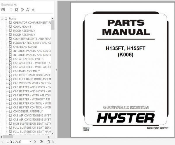 Hyster Forklift Truck K006 H135FT H155FT Parts Manual 4053213 1