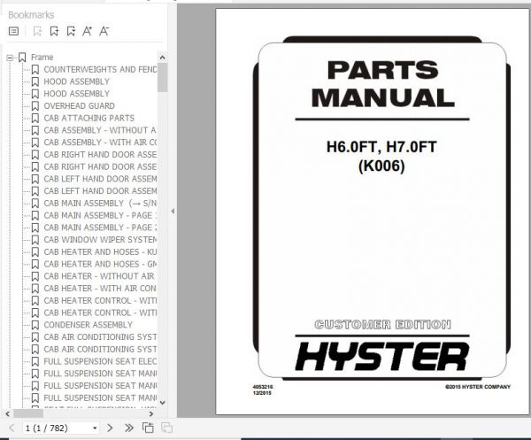Hyster Forklift Truck K006 H6.0FT H7.0FT Europe Parts Manual 4053216 1