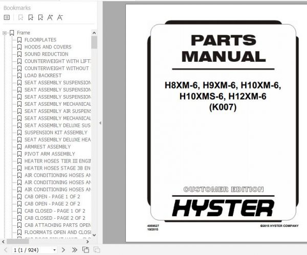 Hyster Forklift Truck K007 H8XM 6 H9XM 6 H10XM 6 H10XMS 6 H12XM 6 Europe Parts Manual 4059527 1