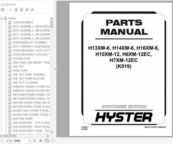 Hyster Forklift Truck K019 H13XM 6 H14XM 6 H16XM 6 H10XM 12 H6XM 12EC H7XM 12EC Europe Parts Manual 4145073 1