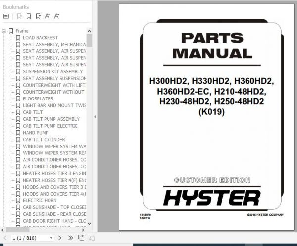 Hyster Forklift Truck K019 H300HD2 H330HD2 H360HD2 H360HD2 EC H210 48HD2 H230 48HD2 H250 48HD2 Parts Manual 4145070 1