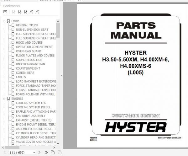 Hyster Forklift Truck L005 H3.50 5.50XM H4.00XM 6 H4.00XMS 6 Europe Parts Manual 1560145 1