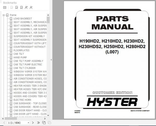 Hyster Forklift Truck L007 H190HD2 H210HD2 H230HD2 H230HDS2 H250HD2 H280HD2 Parts Manual 4133462 1