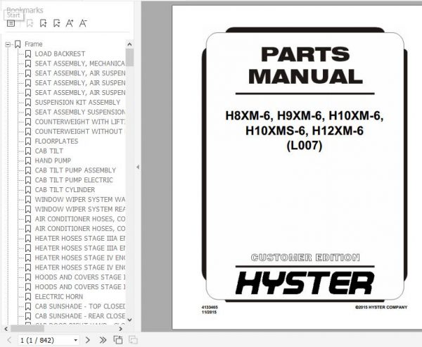 Hyster Forklift Truck L007 H8XM 6 H9XM 6 H10XM 6 H10XMS 6 H12XM 6 Europe Parts Manual 4133465 1