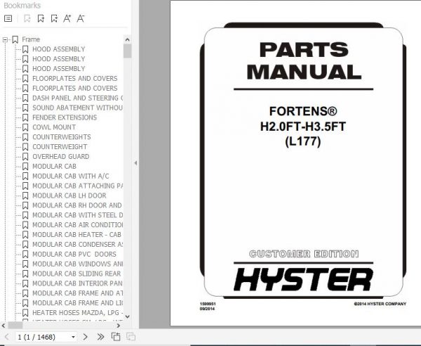 Hyster Forklift Truck L177 H2.0FT H3.5FT Europe Parts Manual 1599951 1