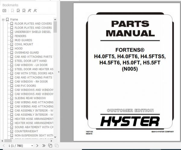 Hyster Forklift Truck N005 H4.0FT5 H4.0FT6 H4.5FTS5 H4.5FT6 H5.0FT H5.5FT Europe Parts Manual 1637135 1