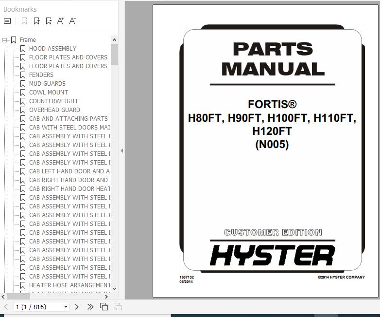 Hyster Forklift Truck N005 H80FT H90FT H100FT H110FT H120FT Parts Manual 1637132 1