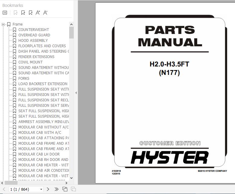 Hyster Forklift Truck N177 H2.0 H3.5FT Europe Parts Manual 4102918 1