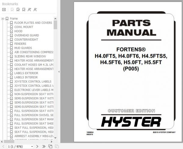 Hyster Forklift Truck P005 H4.0FT5 H4.0FT6 H4.5FTS5 H4.5FT6 H5.0FT H5.5FT Europe Parts Manual 1698694 1