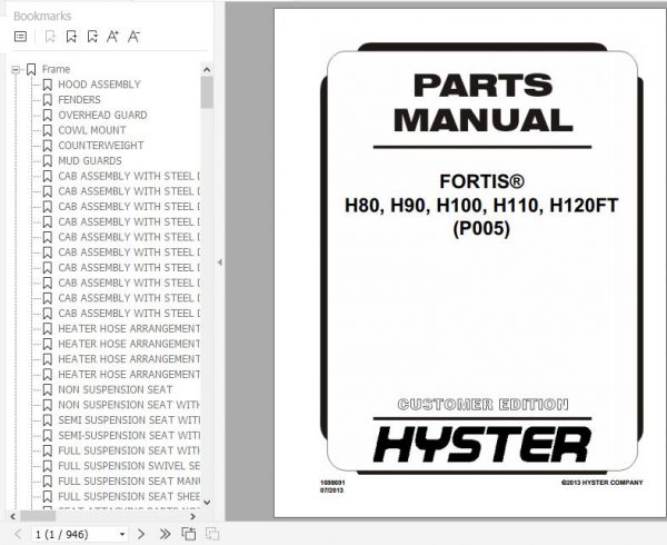 Hyster Forklift Truck P005 H80 H90 H100 H110 H120FT Parts Manual 1698691 1
