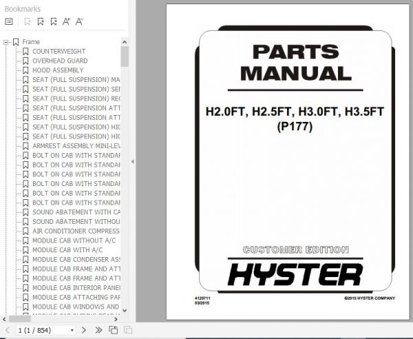 Hyster Forklift Truck P177 H2.0FT H2.5FT H3.0FT H3.5FT Europe Parts Manual 4120711 1
