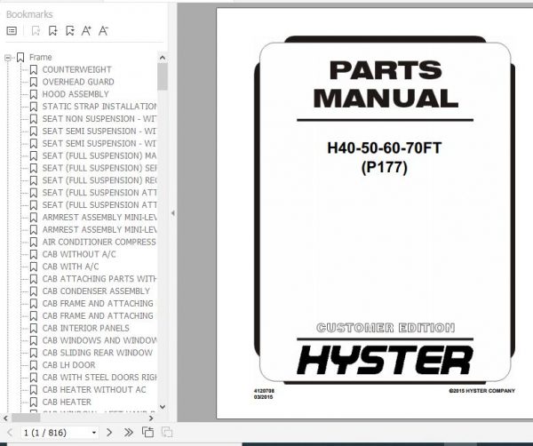 Hyster Forklift Truck P177 H40 50 60 70FT Parts Manual 4120708 1