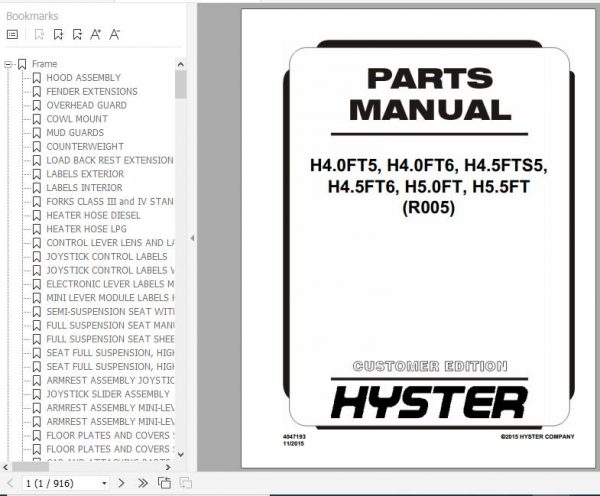 Hyster Forklift Truck R005 H4.0FT5 H4.0FT6 H4.5FTS5 H4.5FT6 H5.0FT H5.5FT Europe Parts Manual 4047193 1