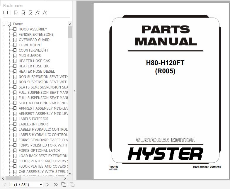 Hyster Forklift Truck R005 H80 H120FT Parts Manual 4047190 1