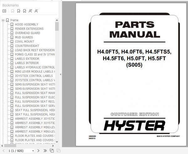 Hyster Forklift Truck S005 S005 H4.0FT5 H4.0FT6 H4.5FTS5 H4.5FT6 H5.0FT H5.5FT Europe Parts Manual 4069389 1