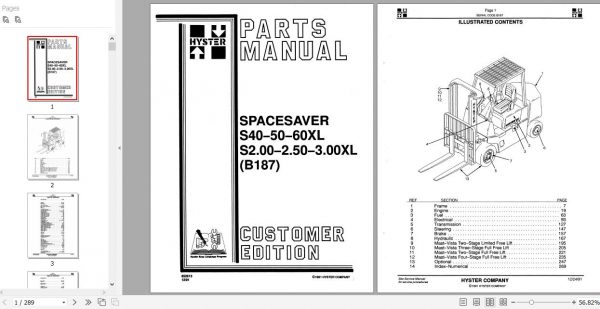 Hyster Forklift Truck Spacesaver B187 S40 50 60XL S2.00 2.50 3.00XL Parts Manual 852613 1