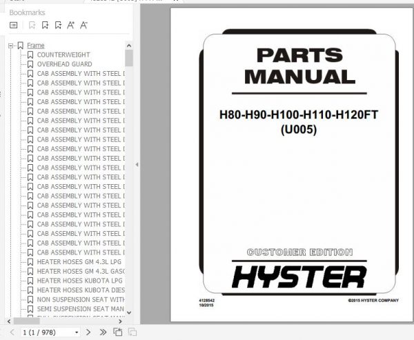 Hyster Forklift Truck U005 H80 H90 H100 H110 H120FT Parts Manual 4128542 1