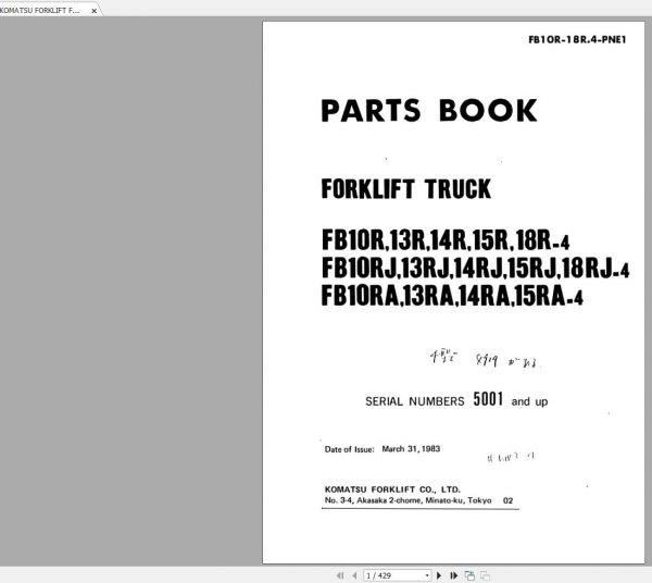 KOMATSU FORKLIFT FB10 18 4 FB10 18RJ 4 FB10 15RA 4 PART MANUAL 1