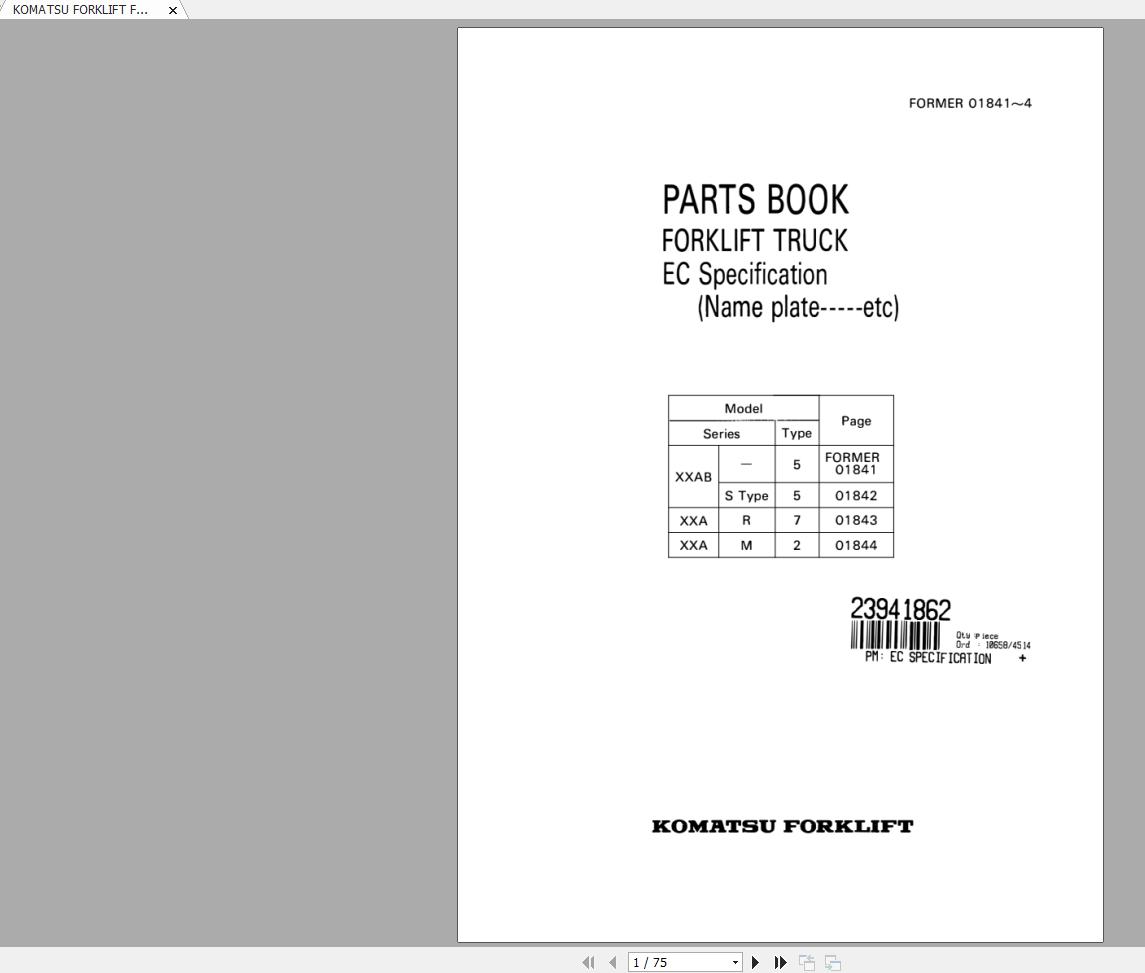 KOMATSU FORKLIFT FB10 18H 5 01842 01844 PART MANUAL 1