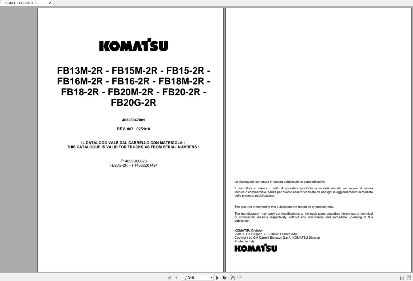 KOMATSU FORKLIFT FB13M 15M 16M 18M 20MG 2R Parts Manual 1