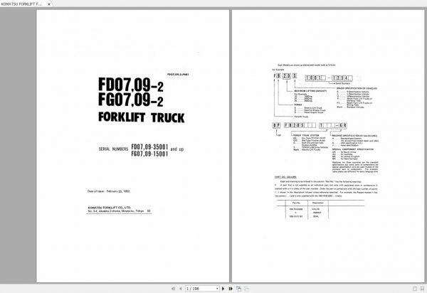 KOMATSU FORKLIFT FD07 09 2 FG07 09 2 PART MANUAL FD0709.2 PNE1 1