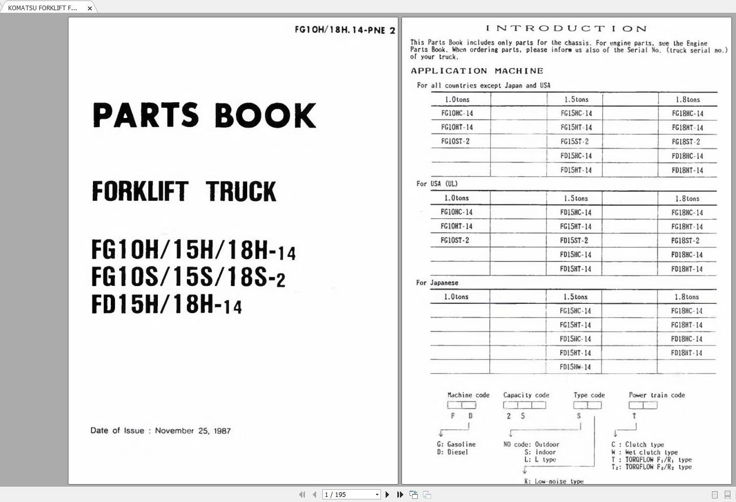 KOMATSU FORKLIFT FG10 18HS 214 PART MANUAL FG10H 18H.14 PNE2 1