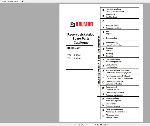 Kalmar Container Handlers DCE90 45E7 T34111.0744 T34111.0746 Parts Catalog ENDE 1