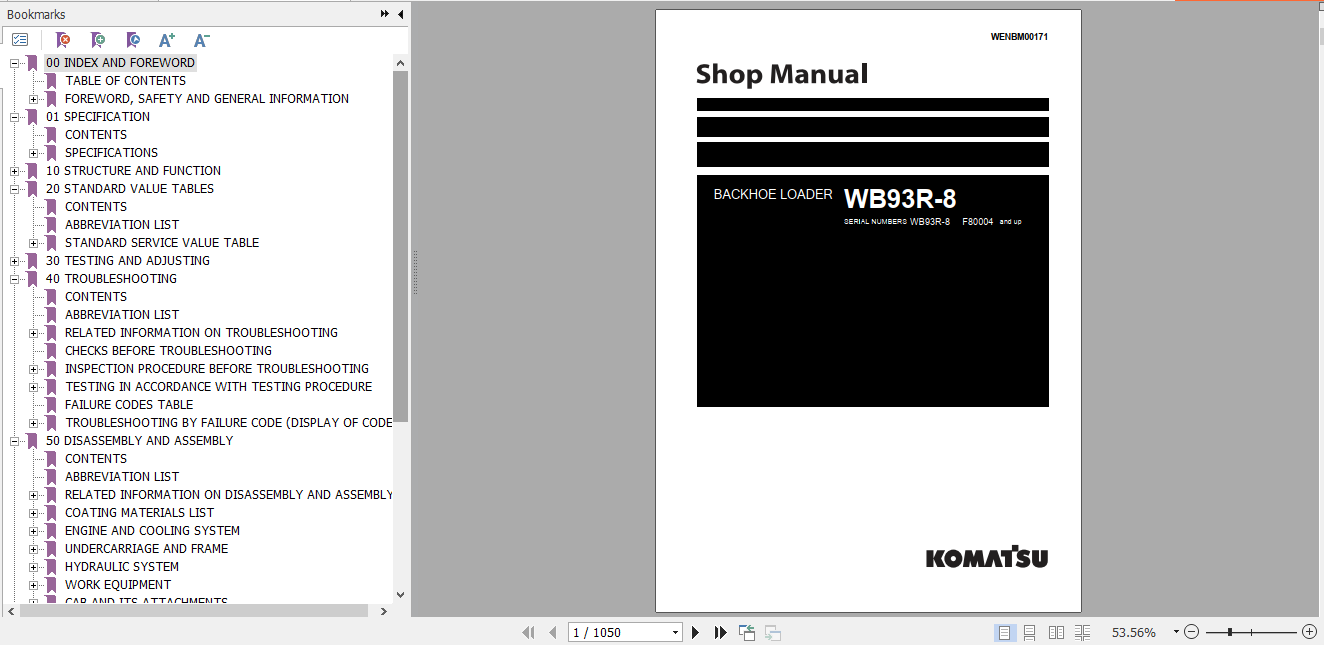 Komatsu Backhoe Loader WB93R 8 F80004 and up Shop Manual WENBM00171 1