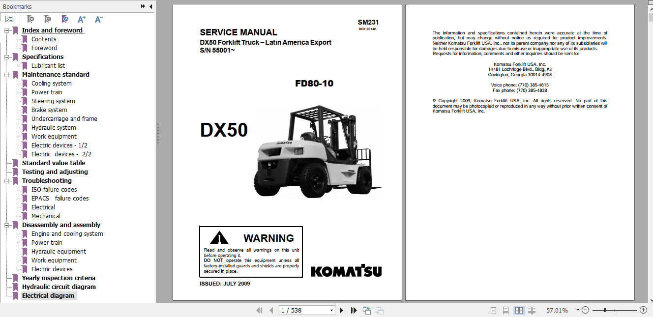 Komatsu Forklift Truck DX50 Series USA 55001 and up Shop Manual BED10E1 01 1
