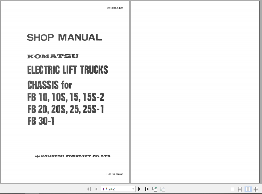 Komatsu Forklift Truck FB10 15 20 25 30 1 FB10 30 C BE1 Shop Manual FB1030 C BE1 1