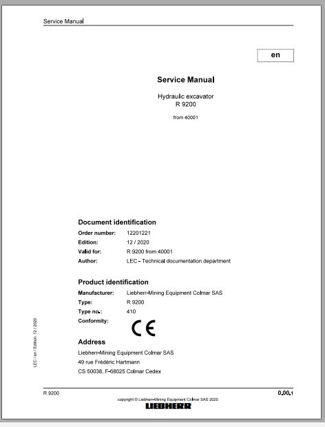 Liebherr Mining Crawler Excavator R9200 410 40001 12 2020 Service Manual 1