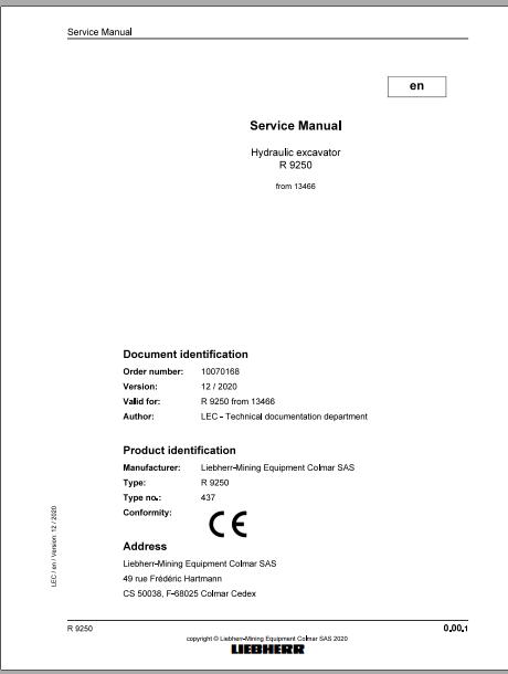 Liebherr Mining Crawler Excavator R9250 437 13466 12 2020 Service Manual 1