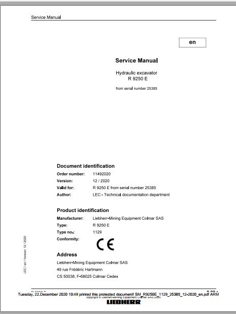 Liebherr Mining Crawler Excavator R9250E 1129 25385 12 2020 Service Manual 1