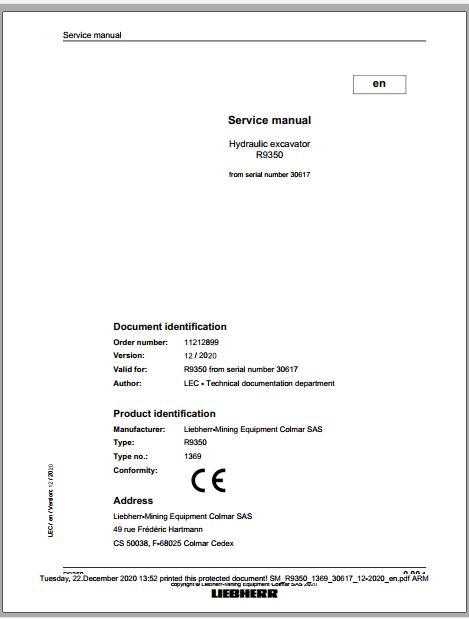 Liebherr Mining Crawler Excavator R9350 1369 30617 12 2020 Service Manual 1