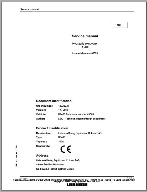 Liebherr Mining Crawler Excavator R9400 1628 43063 12 2020 Service Manual 1