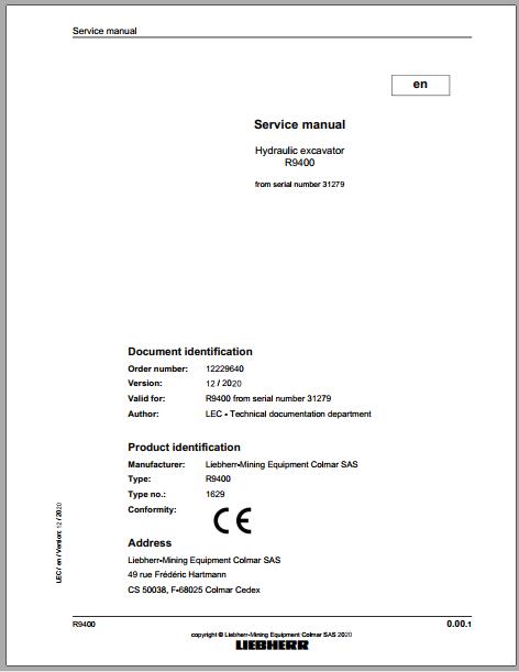 Liebherr Mining Crawler Excavator R9400 1629 31279 12 2020 Service Manual 1
