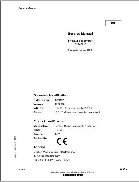 Liebherr Mining Crawler Excavator R9400E 1277 30619 12 2020 Service Manual 1