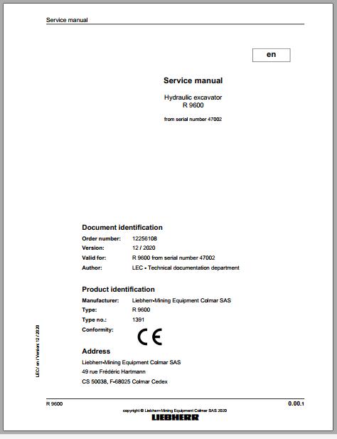 Liebherr Mining Crawler Excavator R9600 1391 47002 12 2020 en Service Manual 1