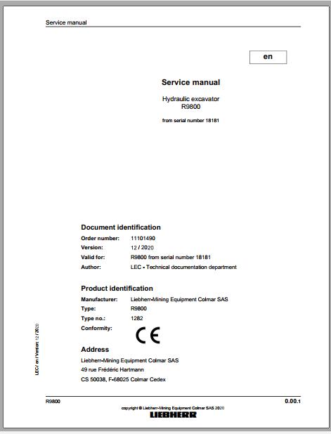 Liebherr Mining Crawler Excavator R9800 1282 18181 12 2020 Service Manual 1