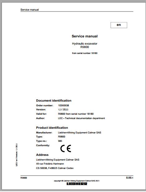 Liebherr Mining Crawler Excavator R9800 986 18180 12 2020 Service Manual 1