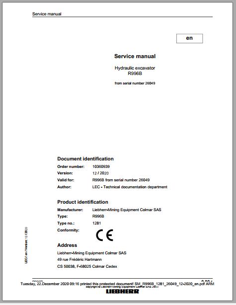 Liebherr Mining Crawler Excavator R996B 1281 26049 12 2020 Service Manual 1