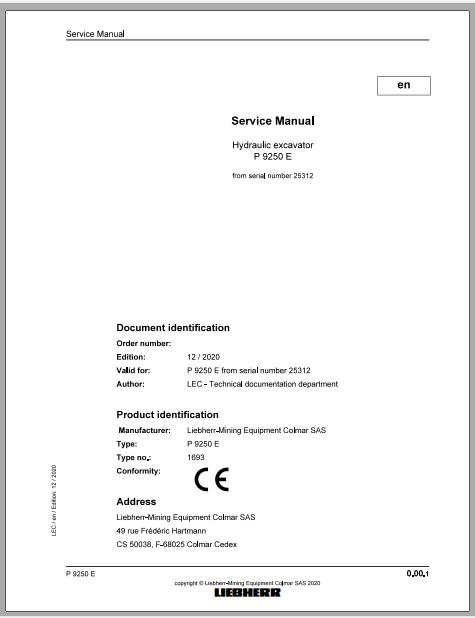 Liebherr Mining Poontoon Excavator P9250E 1693 25312 12 2020 Service Manual 1