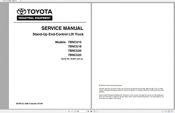 Toyota Forklift 7BNCU15 7BNCU25 50001 up Service Manual 1