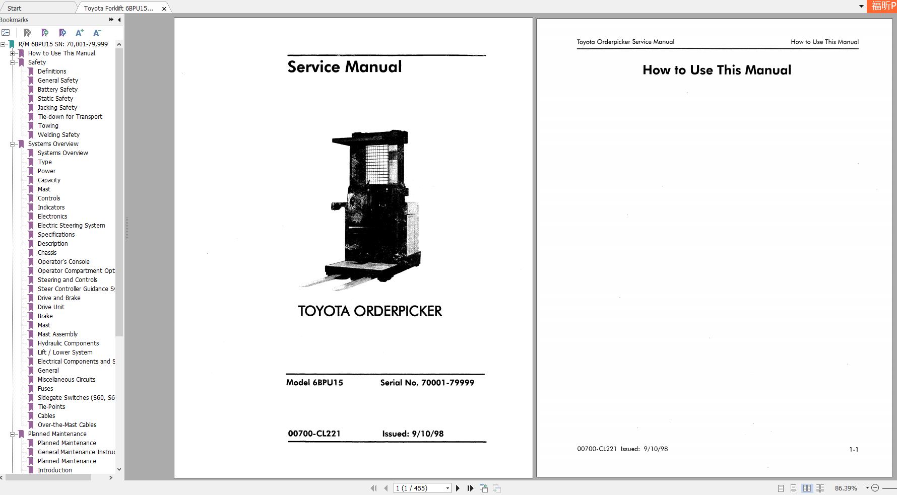 Toyota Orderpicker 6BPU15 Service Manual 1