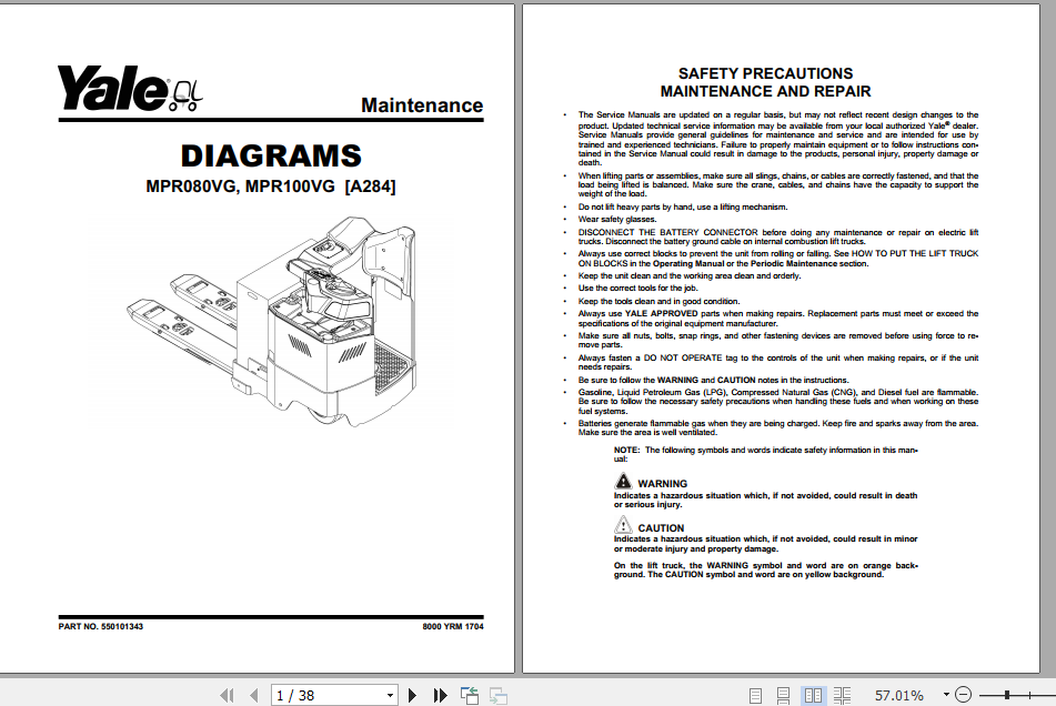 Yale Class 2 Electric Motor Narrow Aisle Trucks A284 MPR080VG MPR100VG Service Manual 2